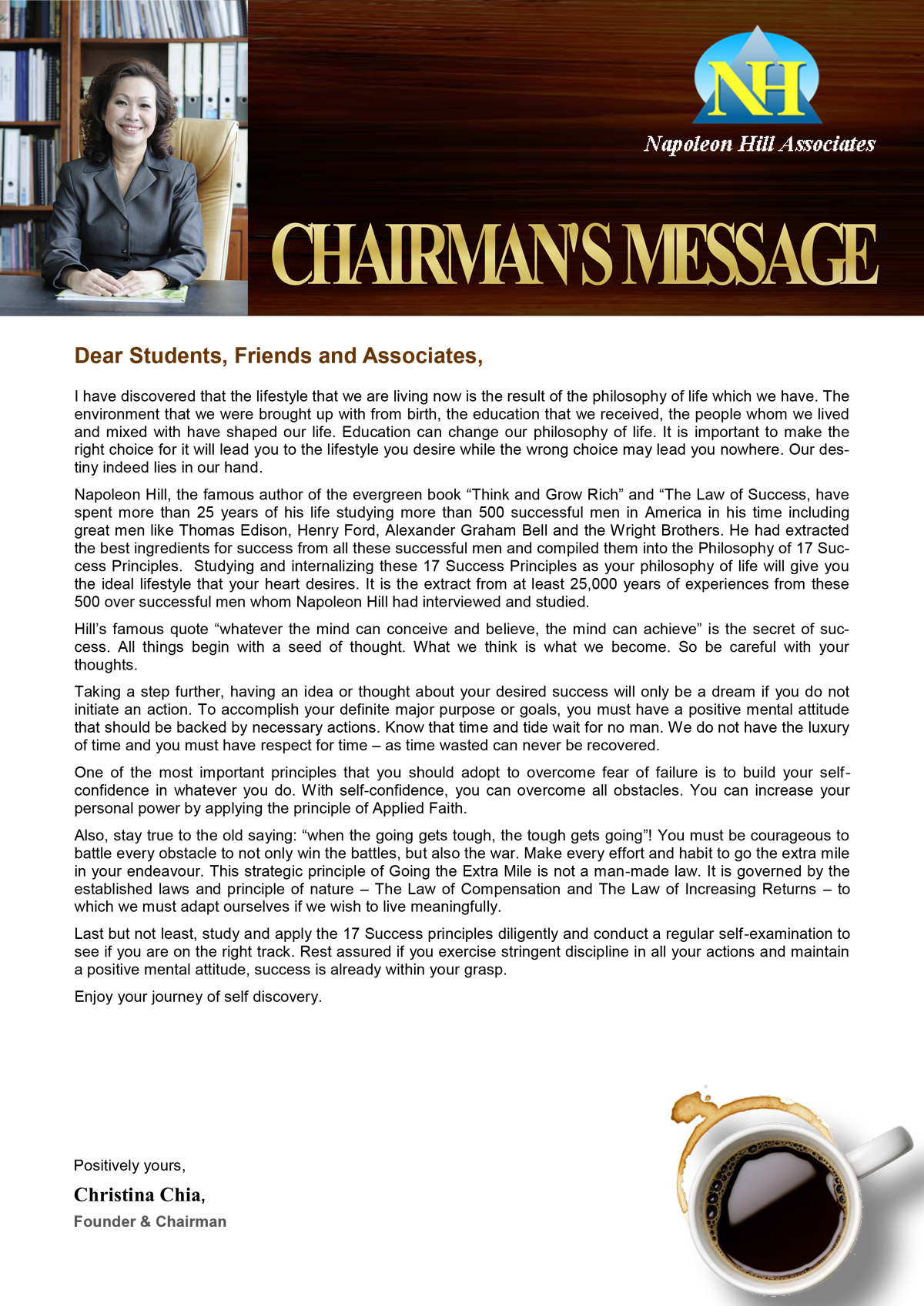 Chairman Message - Christina Chia Napoleon Hill Associates